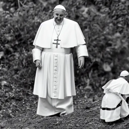 Prompt: black and white photograph of the with a frog with pope clothes