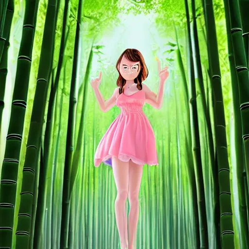 Image similar to A young beautiful giantess with a pretty face,she has green eyes, a cute nose and pink lips,she is wearing a sundress and a face mask, she is walking in a bamboo forest ,detailed body and eyes,proper anatomy, beautiful lighting,,digital art , highly detailed , high contrast, beautiful lighting, award winning , trending on art station, 8k, photo realistic,unreal engine 5