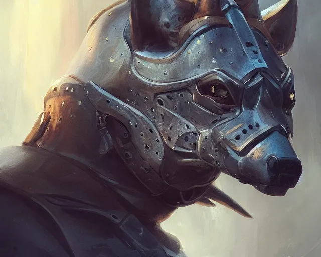 Image similar to A detailed matte oil on canvas head on symmetrical portrait of an armored paladin with the head of a hyena, by Charlie bowater, Lise Deharme, Wlop, trending on artstationhd, dungeons and dragons art, critical role