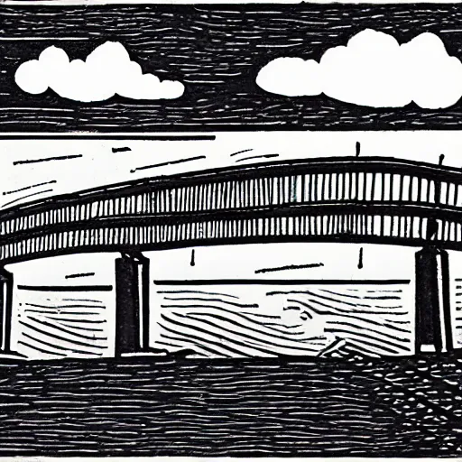 Image similar to small steel suspension bridge built in 1 9 2 8, side view, puffy clouds in background, woodcut style, rubber stamp, 8 k
