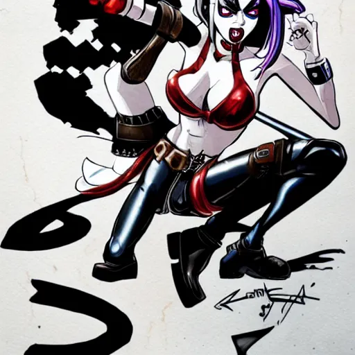 Image similar to Harley Quinn as a skullgirls character, fighting ryu from street fighter, hand drawn, highly detailed