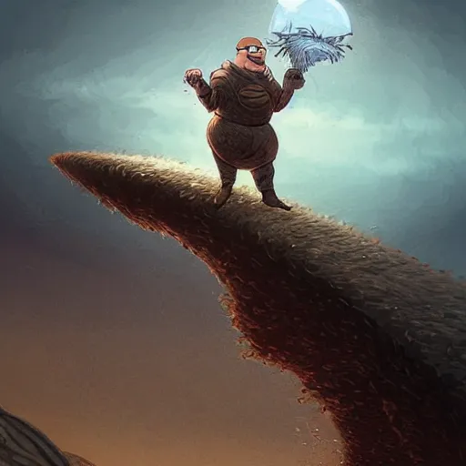 Prompt: peter griffin riding on the back of a worm from ( dune ), fantasy art, landscape art, in the style of greg rutkowski, illustration, epic