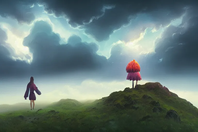 Image similar to giant dahlia flower as a head, girl walking on mountain, surreal photography, stars, dramatic light, impressionist painting, storm clouds, digital painting, artstation, simon stalenhag