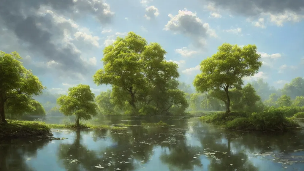 Image similar to very realistic oil painting of a single cloud tree with lots of cloud shaped leaves, A beautiful, highly detailed, masterpiece, next to a small crystal clear river, oil painting by Greg Rutkowski.