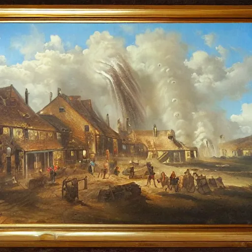 Prompt: oil painting of a village being destroyed by a giant alien