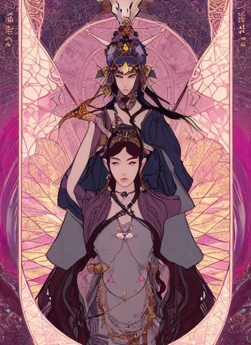 Prompt: the Empress tarot card art nouveau beautiful full body dark fantasy Legend of Zelda breath of the wild, blackpink lisa+smoky eyes+front face with light flowing hair, ultradetail face, art and illustration by CASIMIR ART and tian zi and craig mullins and Ayami Kojima and WLOP and alphonse mucha, fantasy, intricate complexity, human structure, human anatomy, fantasy character concept, watermark, blurry, hyperrealism 8k