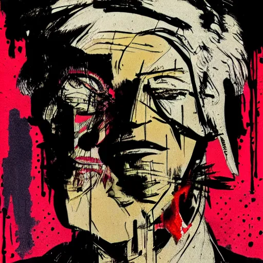 Prompt: Graphic Illustration, Creative Design, Donald Trump, techwear, Cyberpunk, Full Body Portrait, Character Design, by Ashley Wood, Jamie Hewlett, Ralph Steadman, Francis Bacon, Hunter S Thompson