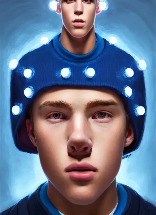 Image similar to portrait of high school senior boy named big moose, blonde short hair, jock, beefy, wide face, square jaw, square facial structure, blue varsity jacket with letter r, intricate, elegant, glowing lights, highly detailed, digital painting, artstation, concept art, sharp focus, illustration, art by wlop, mars ravelo and greg rutkowski