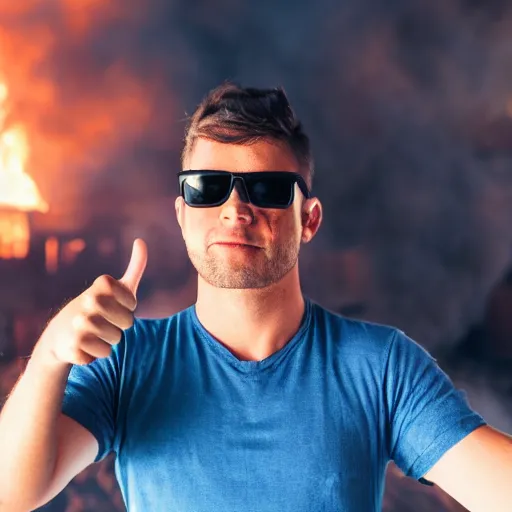 Prompt: a beautiful portrait of an extremely cool bloke wearing a pair of sunglasses being unfazed by the fact that his house is on fire, giving the thumbs up, photography, volumetric lighting, 8 k