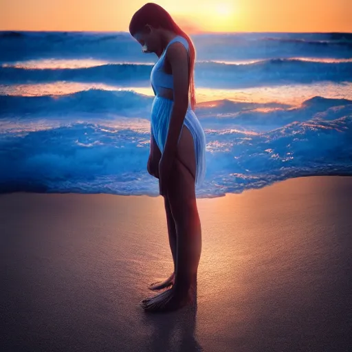 Image similar to beautiful photograph of a young woman praying by the pacific ocean, sunrise, birds, epic, cinematic lighting, dramatic angle, 8k hdr pixiv dslr photo by Makoto Shinkai and Wojtek Fus