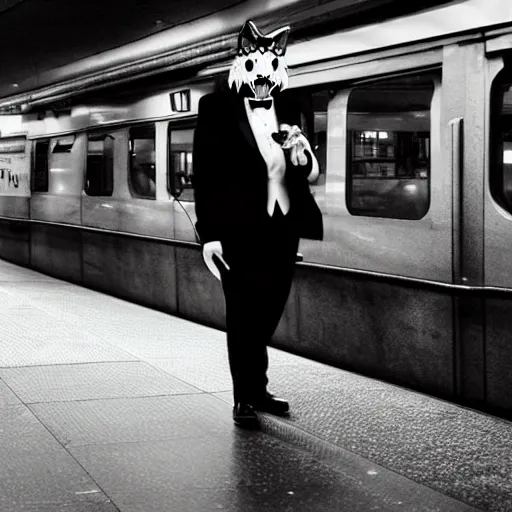 Prompt: a man in a tux wearing a white wolf mask playing the violin at a dirty metro station, unnerving, dark, disturbing, creepy, at night