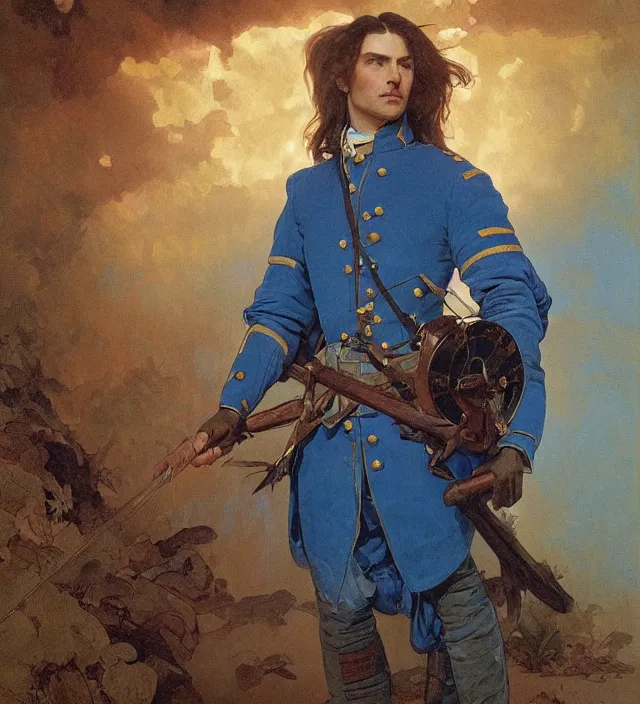 Prompt: candid portrait of a man with brown wavy hair and glowing bright blue eyes, surrounded by blue energy, powering up, wearing a blue traditional colonial military jacket, intricate, holding a spear, highly detailed, digital painting, artstation, concept art, sharp focus, cinematic lighting, illustration, art by artgerm and greg rutkowski, alphonse mucha, cgsociety