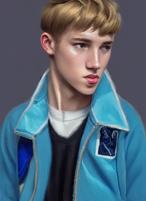 Image similar to portrait of a teenage boy named moose mason, blonde short hair, jock, beefy, square jaw, square facial structure, 1 9 5 0 s, blue varsity jacket, intricate, elegant, glowing lights, highly detailed, digital painting, artstation, concept art, smooth, sharp focus, illustration, art by wlop, mars ravelo and greg rutkowski