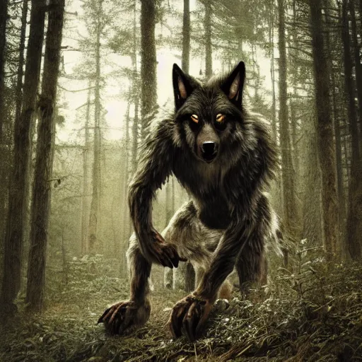Prompt: werecreature consisting of a wolf and a human, photograph captured in a forest