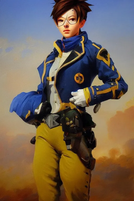 Image similar to oil painting of tracer overwatch in a field wearing blue uniform, in style of ivan aivazovsky, expressive face, detailed face, detailed eyes, full body, feminine face, tracer overwatch,