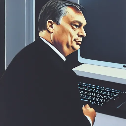 Image similar to viktor orban programming a computer in a cubicle, oil painting