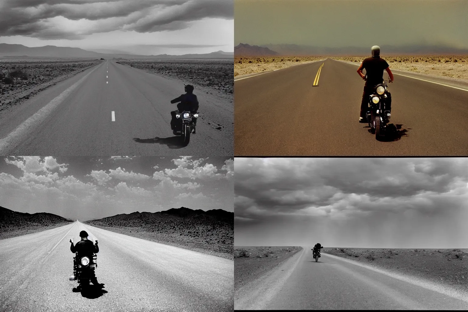 Prompt: Hip-level shot of a biker driving down a long stretch of desert road, apocalyptic skies, somber atmosphere, foreboding clouds, dust swirls, ARRIFLEX 35 BL2 Camera, Eastman Color Negative 400T 5294 Film, Todd-AO 35, by David Lynch