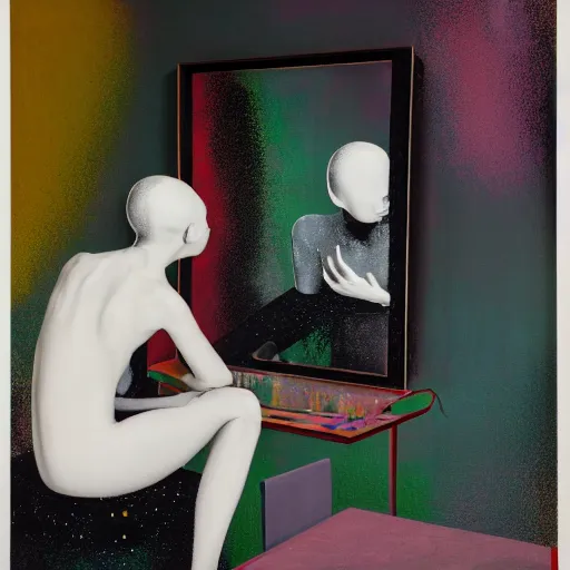 Image similar to portrait of a morphed gamer sitting on a stool looking into a mirror doing makeup by james jean and luc tuymans and beeple and hernan bas and pat steir and hilma af klint, psychological, 3 d, dripping paint, monochrome, high quality render, masterpiece