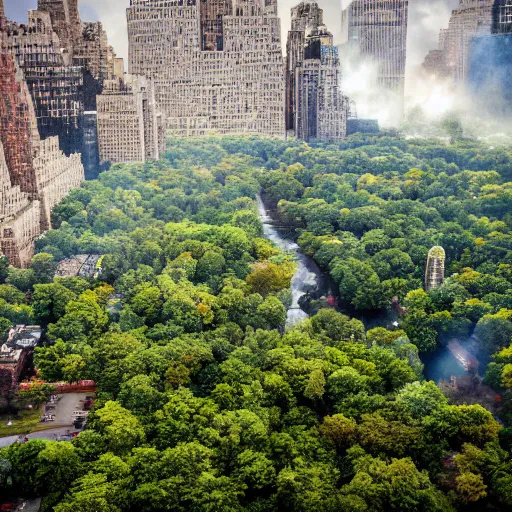 Prompt: award winning photo of a lava flow going through Central Park in New York.