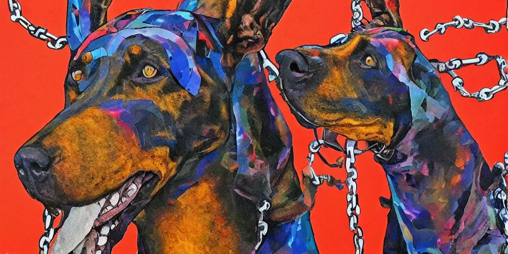 Prompt: mad doberman on a chain, collage, acrylic on canvas, expressionism movement, breathtaking detailed, by blake neubert