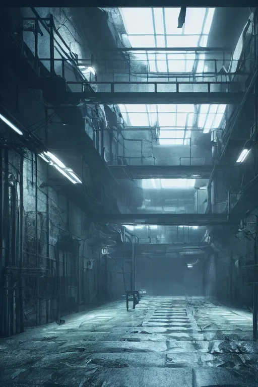 Image similar to inside of an underground factory with ladders, walkways, doors, like maze, ominous, dark, bleak, , rendered in octane, in the style of bladerunner 2049, dystopian, sci fi, v-ray, cinematic composition, hyperdetailed, artstation, cgsociety, 8k