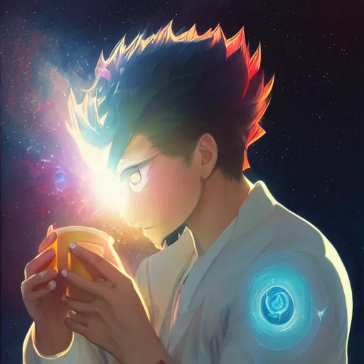 Image similar to A man drinking a cup of cosmic energy bright light, illustration, anime style, Artgerm, 4k, digital art, surreal, anime style, space dandy style, highly detailed, godsend, artstation, digital painting, concept art, smooth, sharp focus, illustration by Ruan Jia and Mandy Jurgens and William-Adolphe Bouguereau, Artgerm