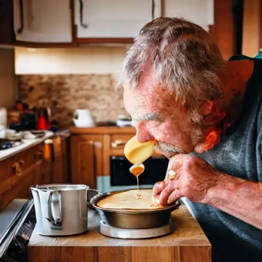 Prompt: old guy cooking pancakes