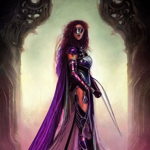 Image similar to masterpiece digital painting of a beautiful woman knight portrait, centered, heavy black obsidian armor, chaotic ruby inlays, large cape, by kev walker and greg rutkowski and mucha and luis royo, atmospheric fog effects background, purple sparkles, artstation, deviantart, closer view, cinematic lights