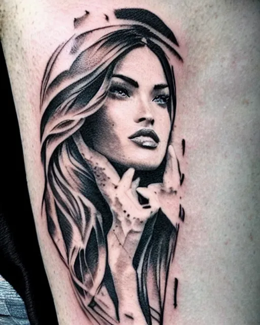 Image similar to creative double exposure effect tattoo design sketch of megan fox faded in beautiful mountain scenery, realism tattoo, in the style of matteo pasqualin, amazing detail, sharp