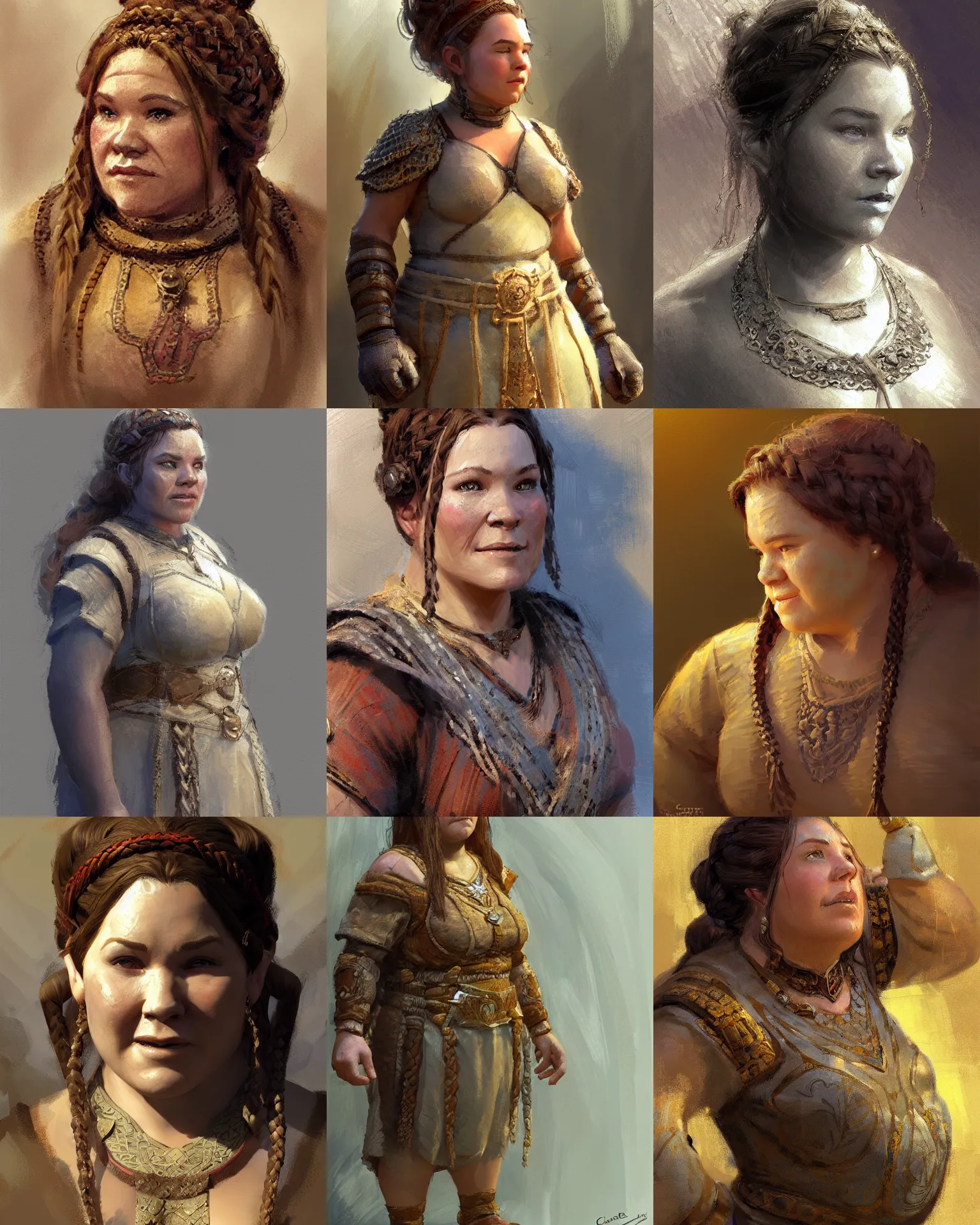 Prompt: female dwarven noblewoman, chubby short stature, braided intricate hair, by craig mullins