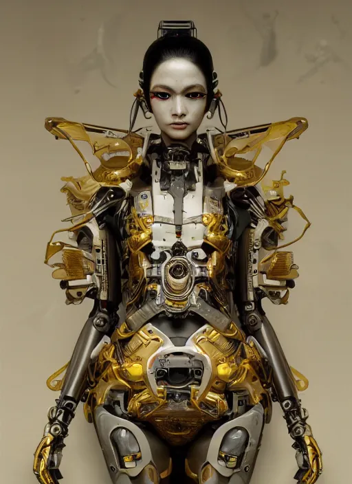 Prompt: portrait of a futuristic geisha cyborg, kintsugi, modern fine art, fractal, intricate, elegant, highly detailed, digital photography, subsurface scattering, by jheronimus bosch and greg rutkowski,