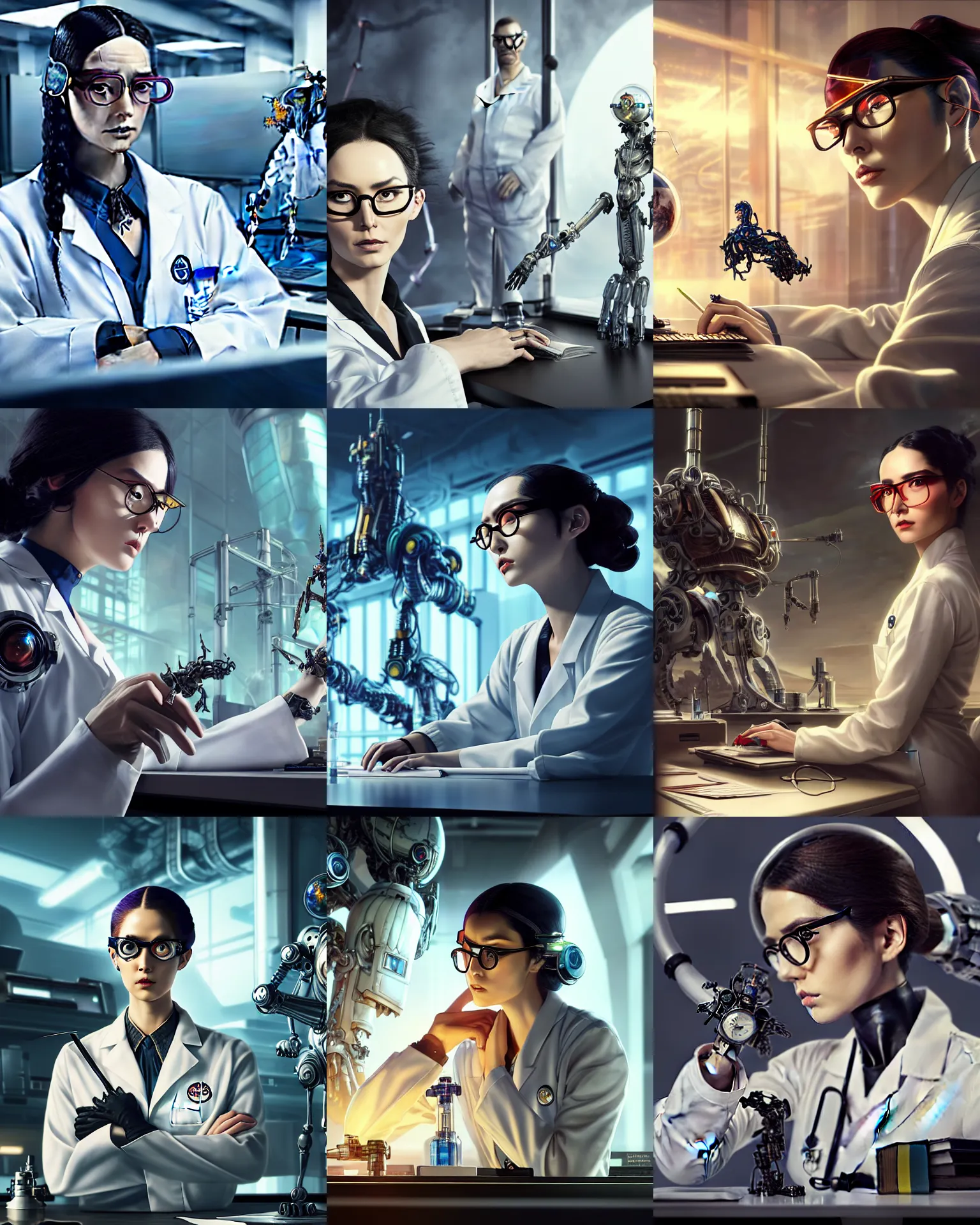 Prompt: karol bak and tom bagshaw and ayami kojima full body character portrait of a beautiful nerdy scientist wearing glasses, at a work desk thinking intensely, wearing combination of lab - coat and mecha suit, laboratory in the background, scifi detailed character, unreal engine, 4 k digital camera, sharp focus, movie still