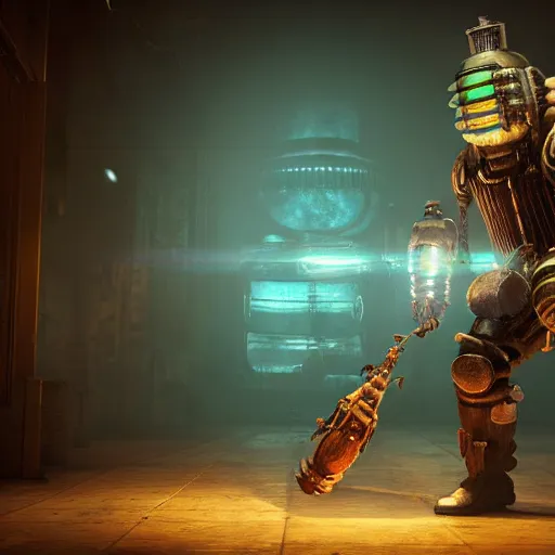 Image similar to isaac clarke as a bioshock big daddy, unreal engine 5, bioshock deadspace, high detail 3 d render,