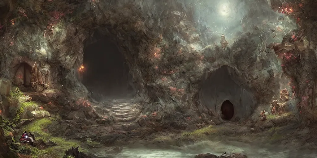 Image similar to beautiful matte painting of a fantasy cave entrance