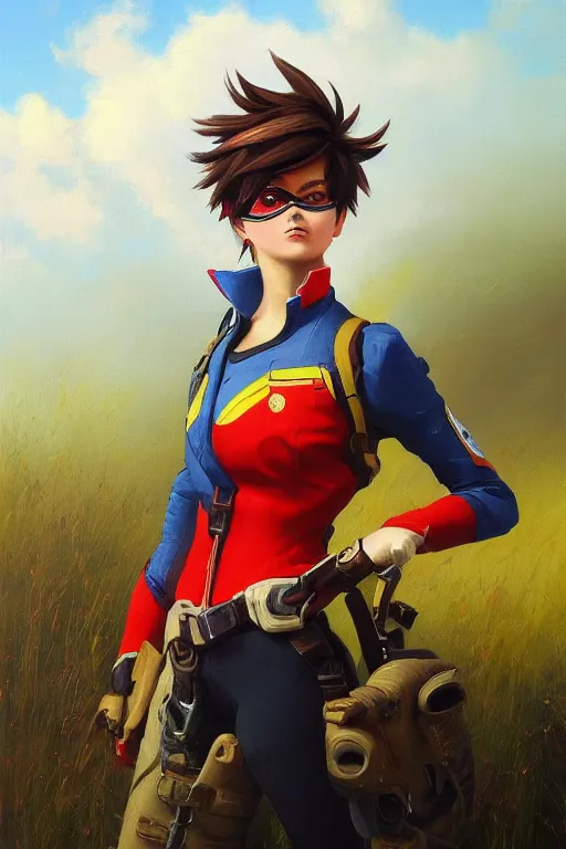 Prompt: oil painting of tracer overwatch in a field of grass wearing red uniform, in style of ivan aivazovsky, expressive face, detailed face, detailed eyes, full body, feminine face, tracer overwatch,