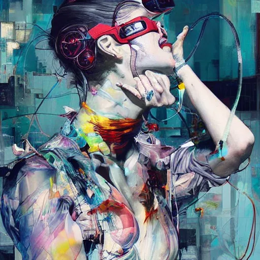 Image similar to grinning woman in a vr headset, dynamic energic pose, cyberpunk in the style of adrian ghenie, esao andrews, jenny saville, surrealism, dark art by james jean, takato yamamoto