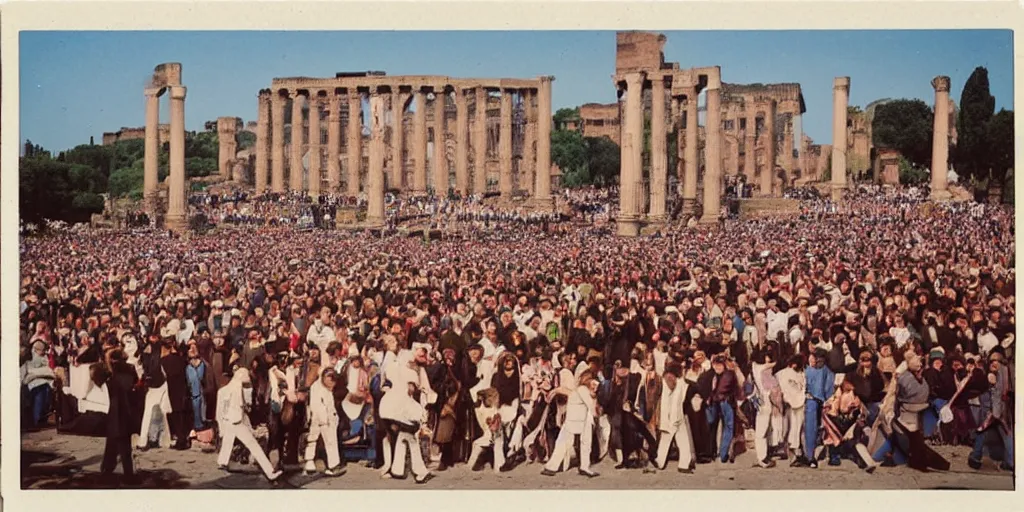 Image similar to The beatles concert in ancient rome, polaroid color photo