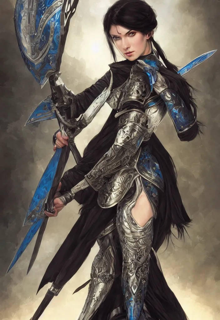 Image similar to portrait of a woman dressed in plate armor with black hair and blue eyes wielding a greatsword, elegant, digital illustration, fire magic, detailed, intricate, sharp focus, digital painting, deep focus, digital painting, artstation, concept art, matte, art by artgerm and greg rutkowski and alphonse mucha