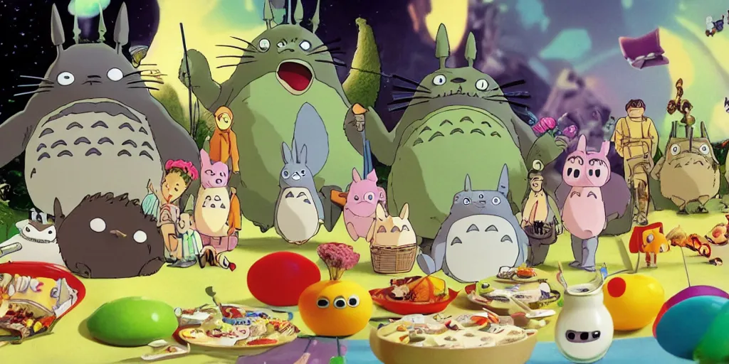 Prompt: totoro's brithday party, aliens of the toy story say happy birthday, style of hayao miyazaki, cinematic light, warm, elegant