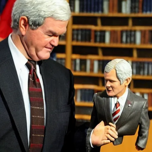 Image similar to Newt Gingrich holding a George W. Bush action figure. AP photo.