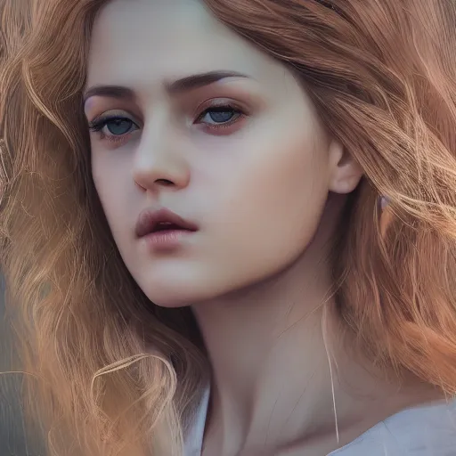 Image similar to a realistic photo portrait of beautiful 👧 with soft 👀 fashion modeling pose, full body, like a professional model, face by WLOP, body by Alex Flores, face symmetry, style of Dan Luvisi, and Charlie Bowater, artstation, rendered, cinematic color grading, muted colors, soft light, rule of thirds, cinematic