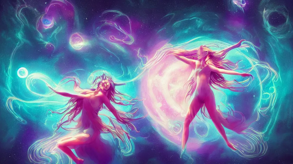 Image similar to a beautiful whimsical goddess floating above a lake basking in the moonlight, casting a spell, underneath a multi-colored binary blackhole with an accretion disc, glowing trails following her arms, acidwave, by Lois van Baarle, by Greg Rutkowski, by artgerm, by beeple, by studio ghibli, cinematic angle, volumetric lighting, 4k resolution, octane render, trending on artstation, masterpiece