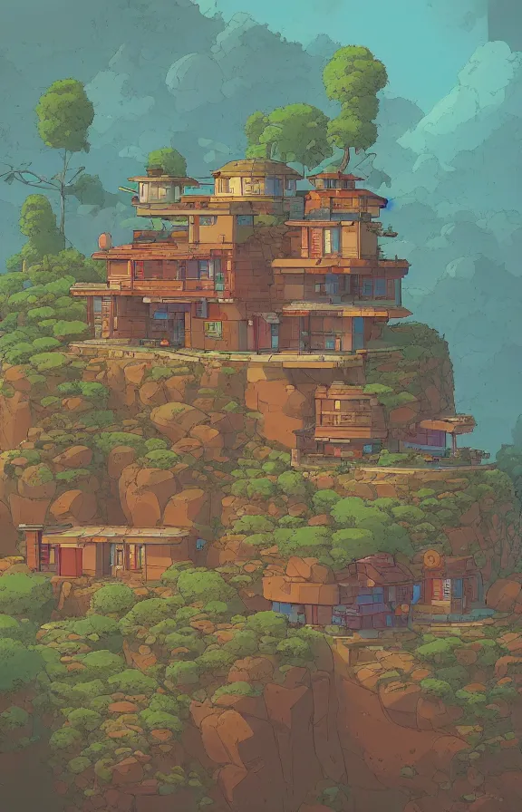 Prompt: house on a mountain, sharp focus, james gilleard, akira toriyama, moebius, print, game art