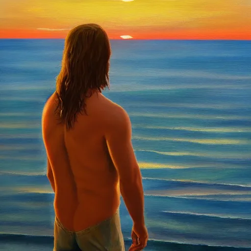 Image similar to a teen guy with mullet, portrait, sunset, ocean in distance, oil painting, pale colors, high detail, 8 k, wide angle, trending on artstation,