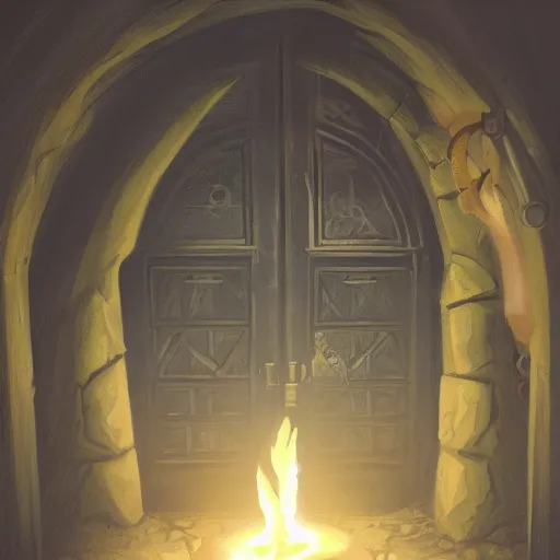 Prompt: a door leading to another room, darkness beyond the door, while holding torches, a group of 4 in a dungeons and dragons setting, artstation, artgerm, 8 k