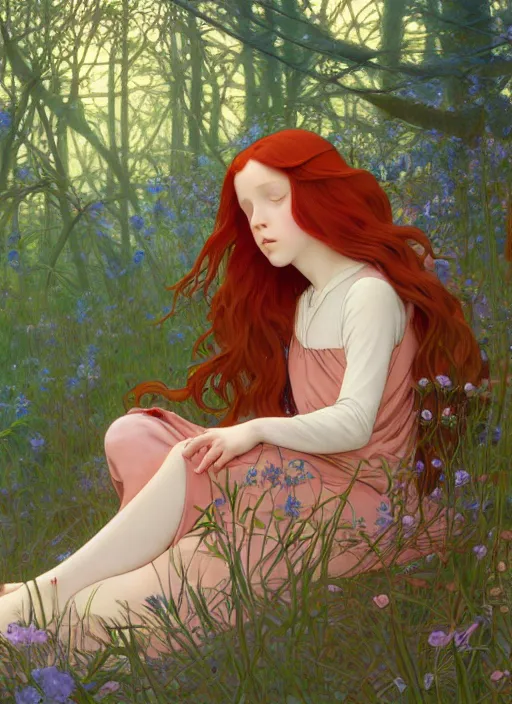 Image similar to pretty young woman resembling millie bobby brown with long red hair asleep in the forest, path traced, highly detailed, high quality, digital painting, by studio ghibli and alphonse mucha, leesha hannigan, hidari, art nouveau, chiho aoshima, jules bastien - lepage