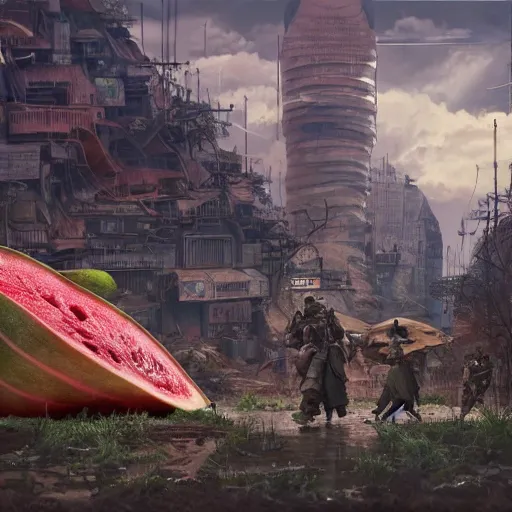 Prompt: Concept Digital Art Highly detailed giant Watermelon warlord protecting Ukrainian village from Orks by Taras Shevchenko and Stephen Hickman and Beeple. Very highly detailed 8K,Pentax 67, Kodak Portra 400 in style of Hiromasa Ogura Ghost in the Shell, the golden ratio, rational painting