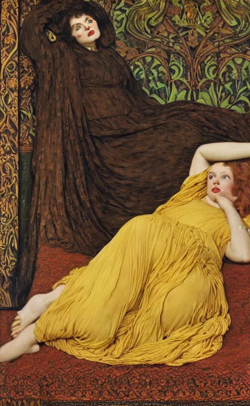 Prompt: preraphaelite full body reclining portrait photography masterpiece, face hybrid of judy garland and jo brand, thin aged 2 5, foreshortening, brown hair fringe, yellow ochre ornate medieval dress, kilian eng and william holman hunt, frederic leighton, ford madox brown, william morris, framed, 4 k