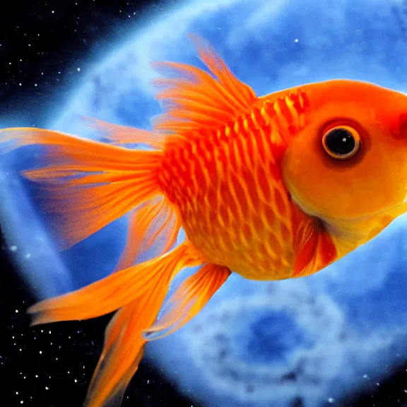 Image similar to a 4 k photorealistic photo close up of a goldfish in space