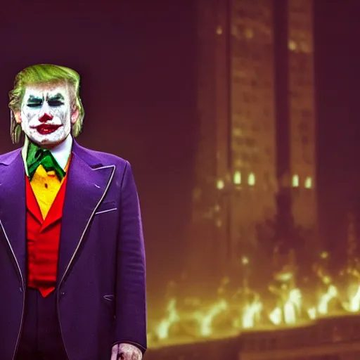 Prompt: stunning awe inspiring donald trump as the joker, movie still 8 k hdr atmospheric lighting